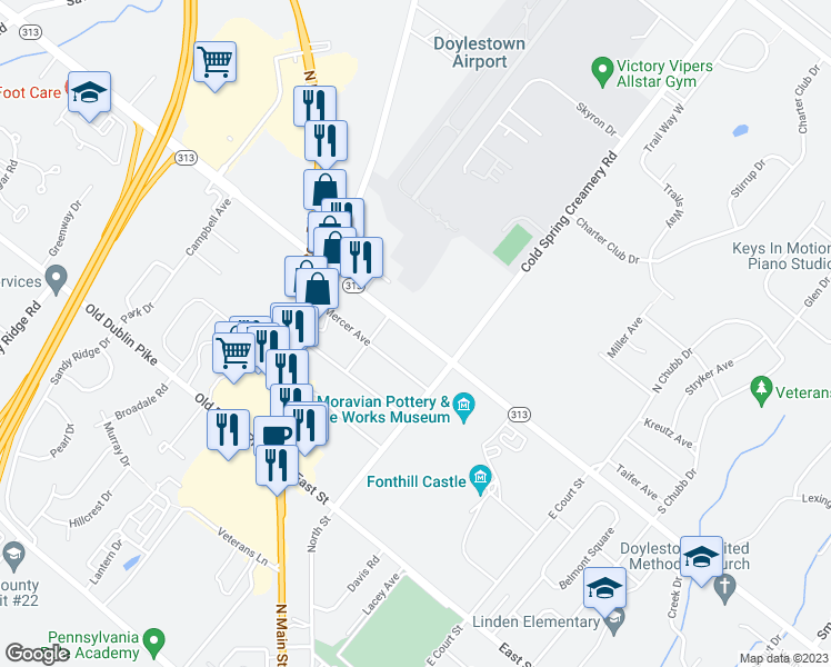 map of restaurants, bars, coffee shops, grocery stores, and more near 70 East Swamp Road in Doylestown