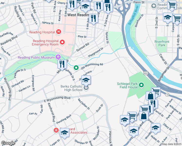 map of restaurants, bars, coffee shops, grocery stores, and more near 814 Joan Terrace in Reading