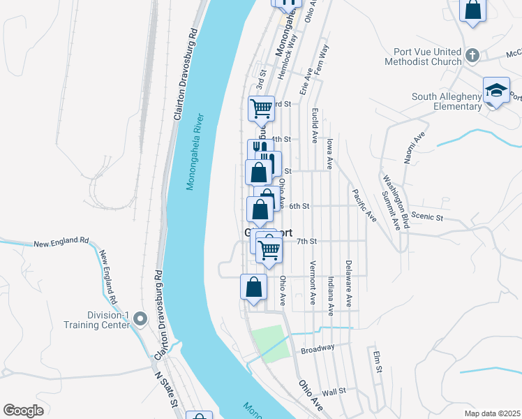 map of restaurants, bars, coffee shops, grocery stores, and more near 600 Monongahela Avenue in Glassport