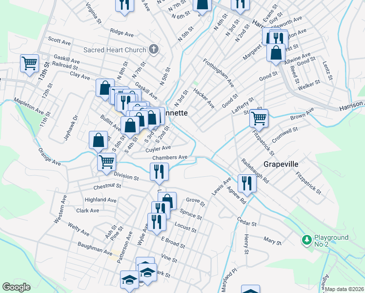 map of restaurants, bars, coffee shops, grocery stores, and more near 10 Cuyler Avenue in Jeannette