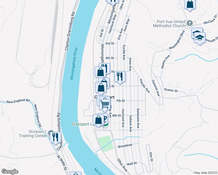 map of restaurants, bars, coffee shops, grocery stores, and more near 600 Ohio Avenue in Glassport