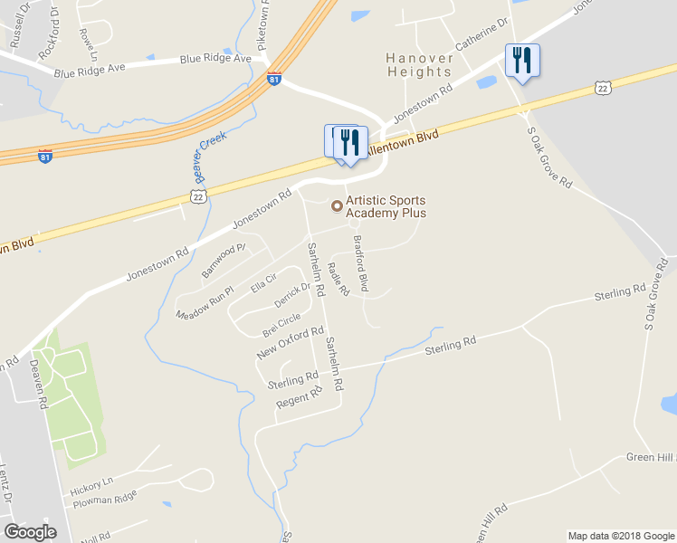 map of restaurants, bars, coffee shops, grocery stores, and more near 147 Radle Road in Harrisburg