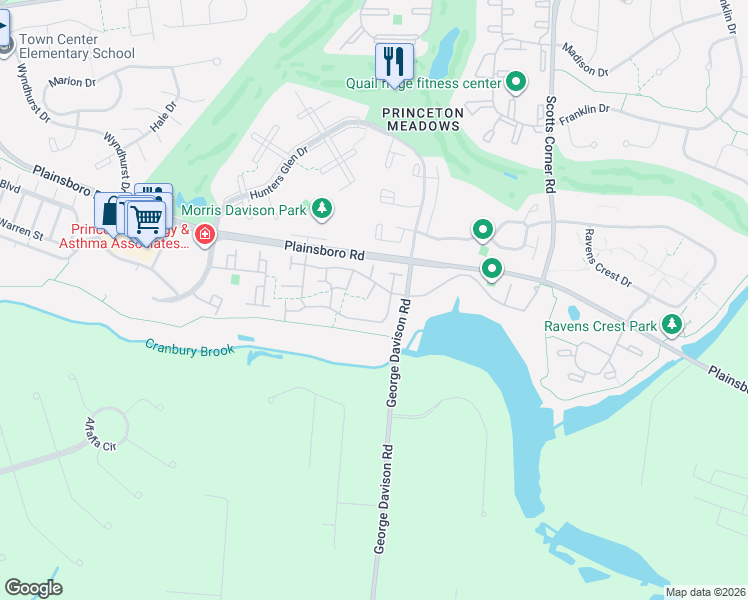 map of restaurants, bars, coffee shops, grocery stores, and more near 47 Tennyson Drive in Princeton Meadows