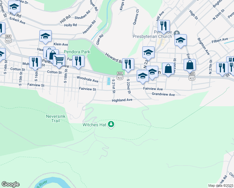 map of restaurants, bars, coffee shops, grocery stores, and more near 2107 Grandview Avenue in Mount Penn