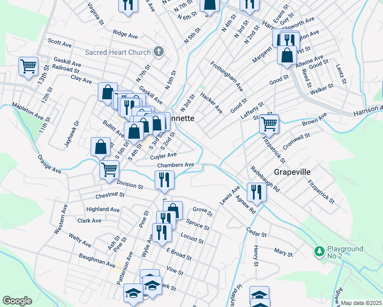 map of restaurants, bars, coffee shops, grocery stores, and more near 2 Cuyler Avenue in Jeannette