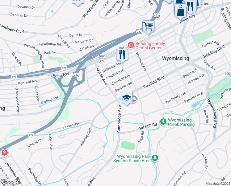 map of restaurants, bars, coffee shops, grocery stores, and more near 1666 Garfield Avenue in Wyomissing