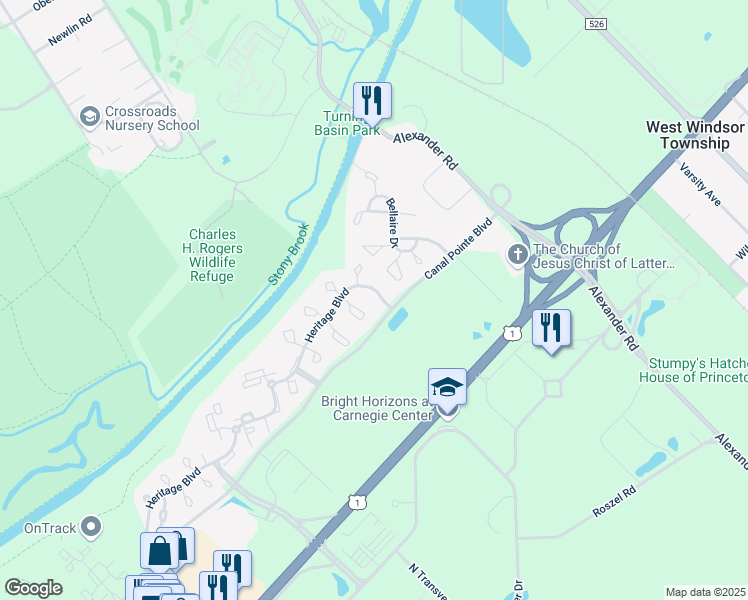map of restaurants, bars, coffee shops, grocery stores, and more near 11 Heritage Boulevard in Princeton