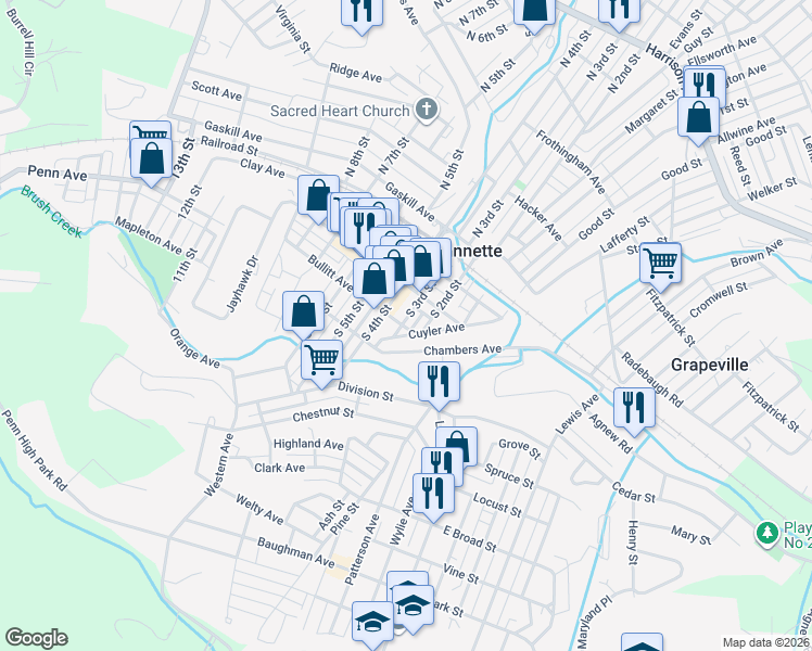 map of restaurants, bars, coffee shops, grocery stores, and more near 223 Bullitt Avenue in Jeannette