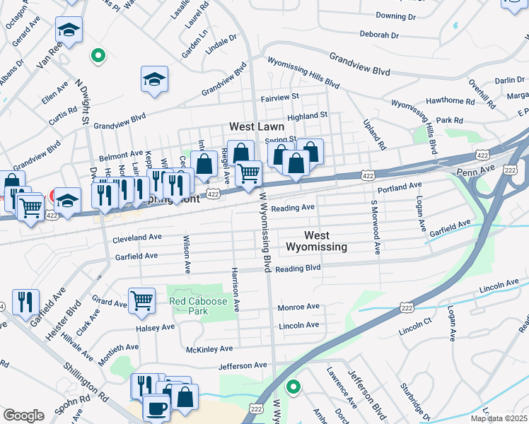 map of restaurants, bars, coffee shops, grocery stores, and more near 2301 Reading Avenue in Reading