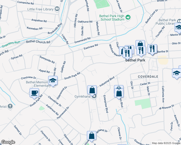 map of restaurants, bars, coffee shops, grocery stores, and more near 101 Kendall Lane in Bethel Park