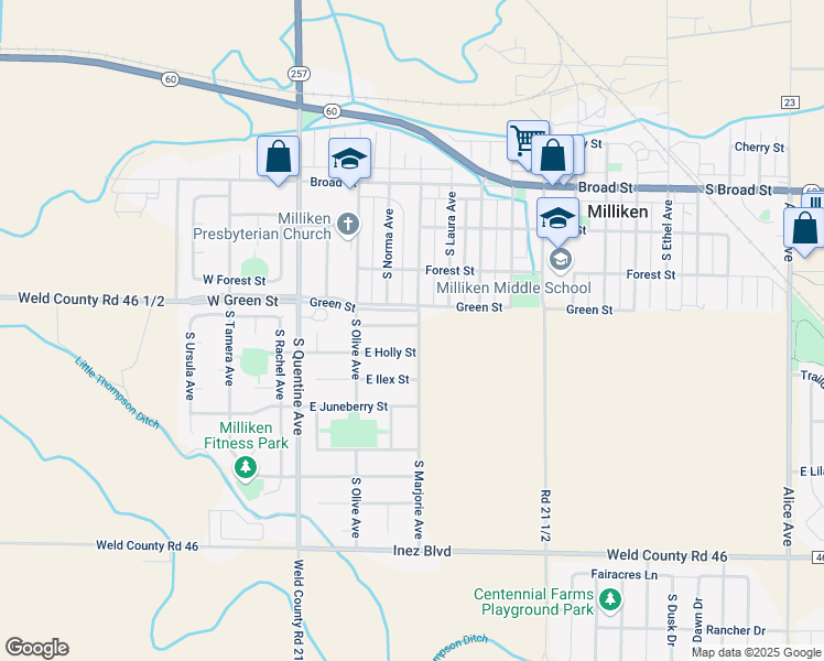 map of restaurants, bars, coffee shops, grocery stores, and more near 380 East Hawthorne Street in Milliken