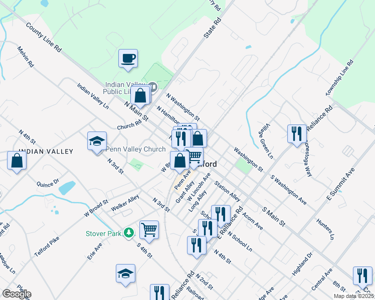 map of restaurants, bars, coffee shops, grocery stores, and more near 153 North Main Street in Telford