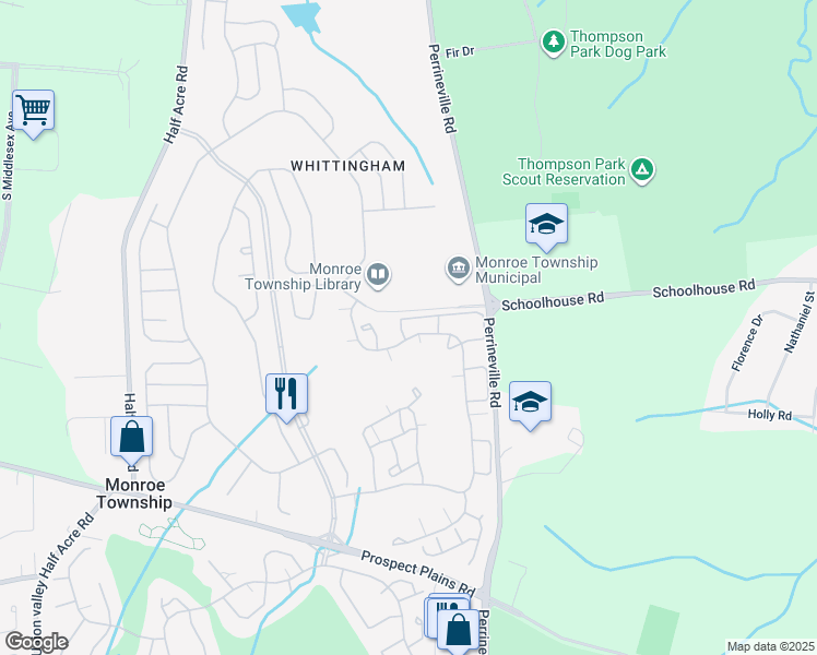 map of restaurants, bars, coffee shops, grocery stores, and more near 77B Winthrop Road in Monroe Township