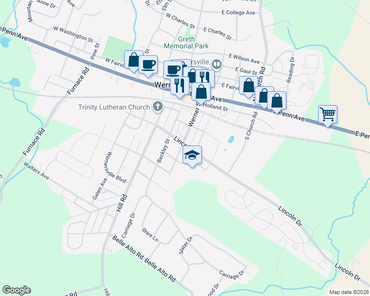 map of restaurants, bars, coffee shops, grocery stores, and more near 54 Lincoln Drive in Wernersville