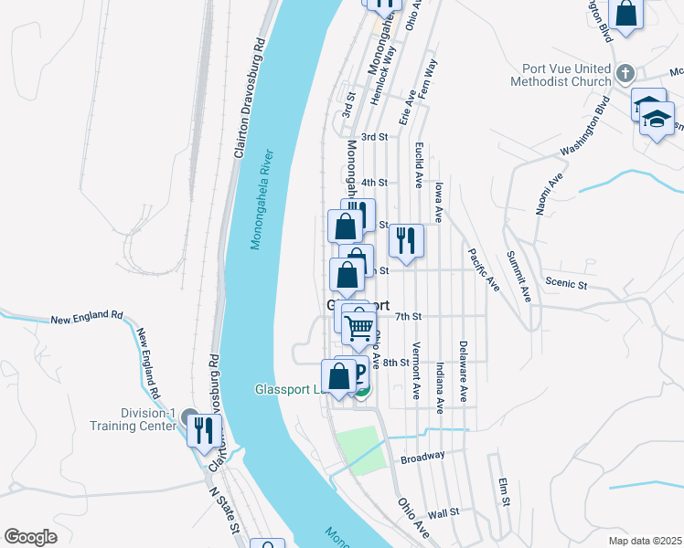 map of restaurants, bars, coffee shops, grocery stores, and more near 544 Monongahela Avenue in Glassport