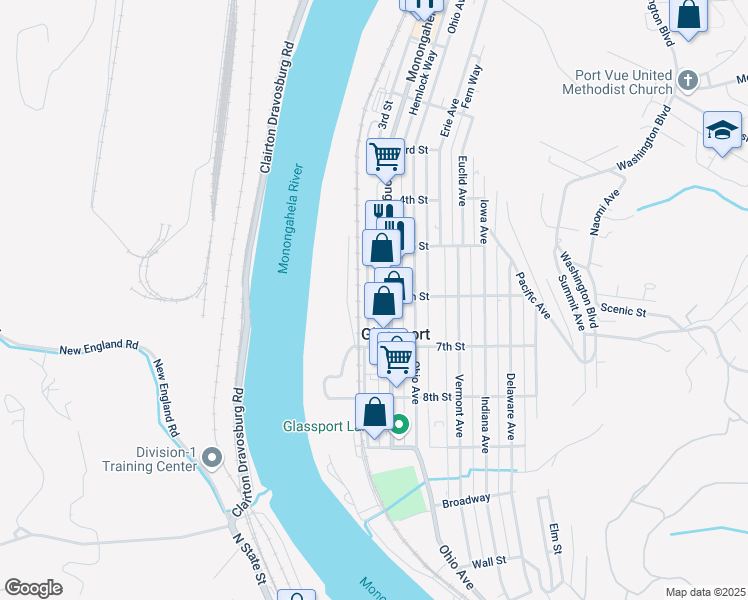 map of restaurants, bars, coffee shops, grocery stores, and more near 544 Monongahela Avenue in Glassport