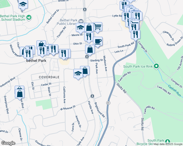 map of restaurants, bars, coffee shops, grocery stores, and more near 5347 Brightwood Road in Bethel Park