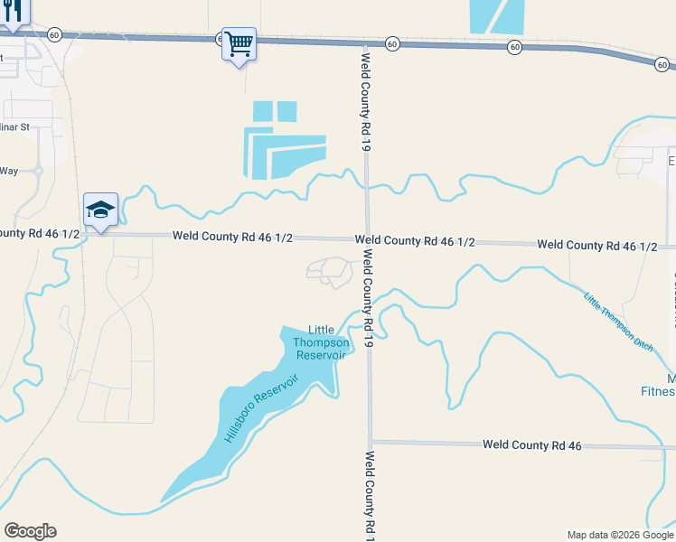 map of restaurants, bars, coffee shops, grocery stores, and more near 22437 County Road 19 in Milliken