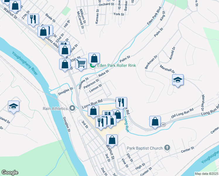 map of restaurants, bars, coffee shops, grocery stores, and more near 3921 Oakwood Street in McKeesport