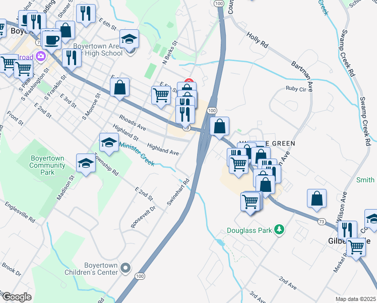 map of restaurants, bars, coffee shops, grocery stores, and more near 42 Douglas St in Boyertown