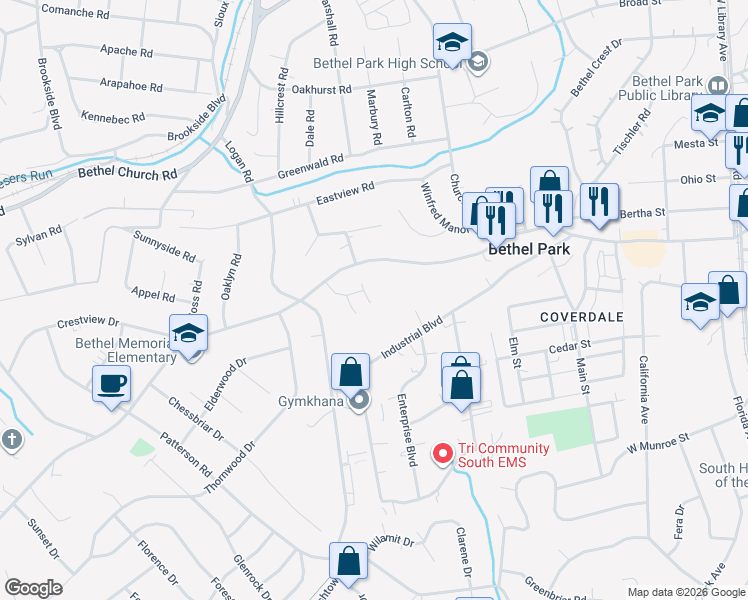 map of restaurants, bars, coffee shops, grocery stores, and more near 406 Maywood Dr in Bethel Park