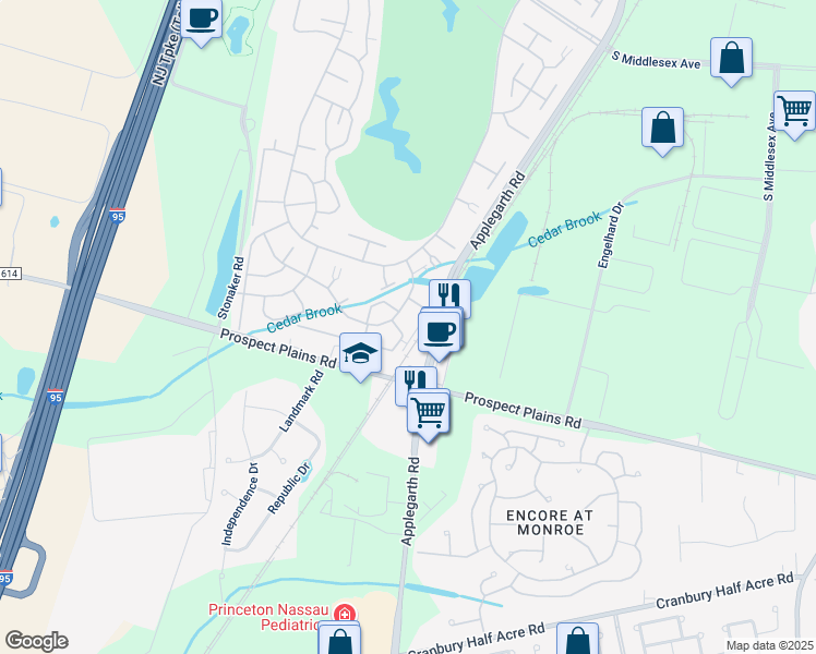 map of restaurants, bars, coffee shops, grocery stores, and more near 406A Oxford Lane in Monroe Township