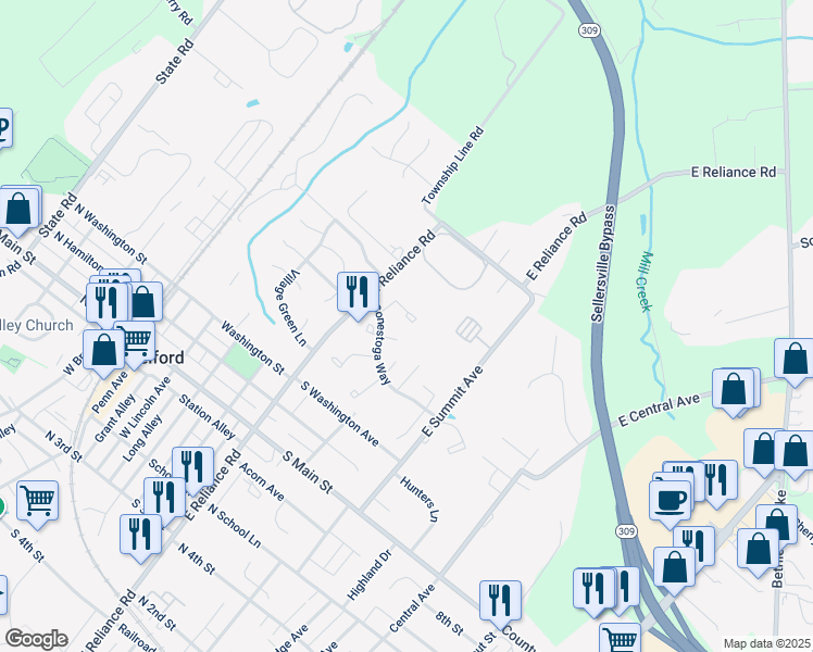 map of restaurants, bars, coffee shops, grocery stores, and more near 55 Reliance Court in Telford