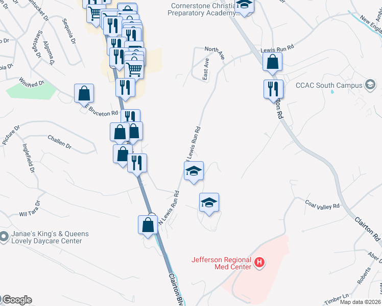 map of restaurants, bars, coffee shops, grocery stores, and more near 529 North Lewis Run Road in Clairton