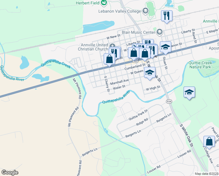 map of restaurants, bars, coffee shops, grocery stores, and more near 351 Water Street in Annville