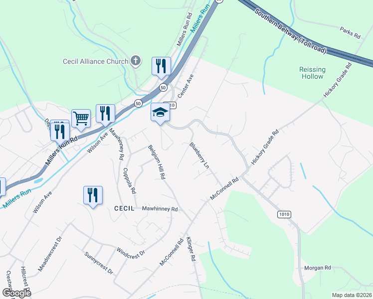 map of restaurants, bars, coffee shops, grocery stores, and more near 17 Cranberry Ln in Cecil-Bishop