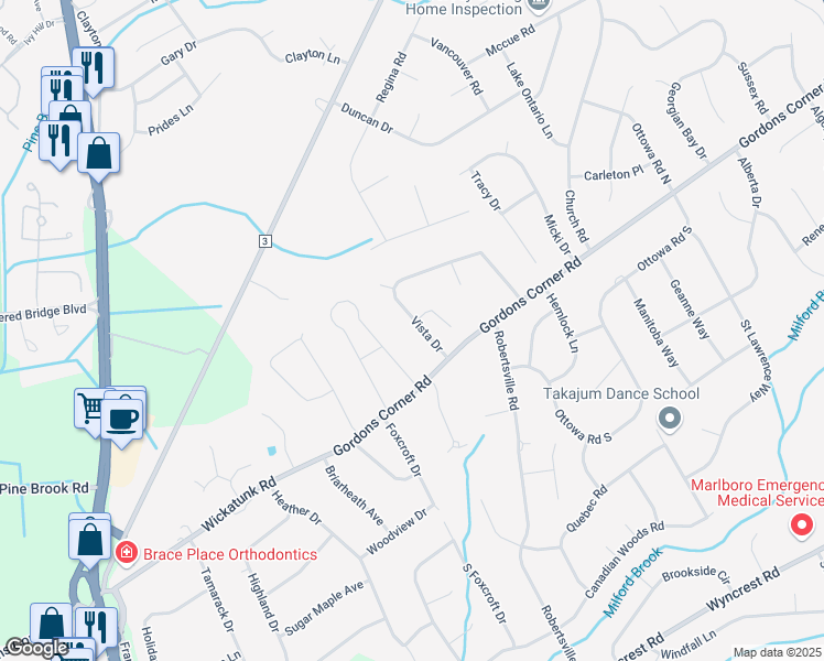 map of restaurants, bars, coffee shops, grocery stores, and more near 46 Vista Drive in Marlboro