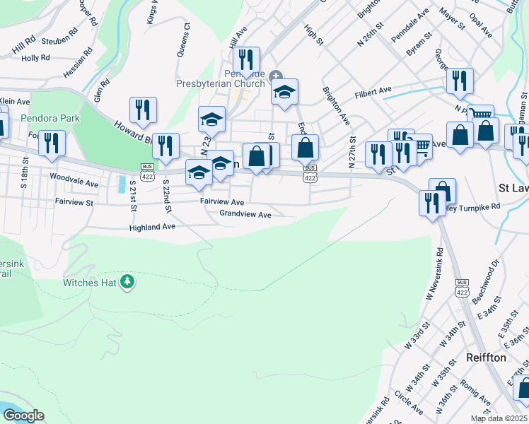 map of restaurants, bars, coffee shops, grocery stores, and more near 100 South 25th Street in Reading