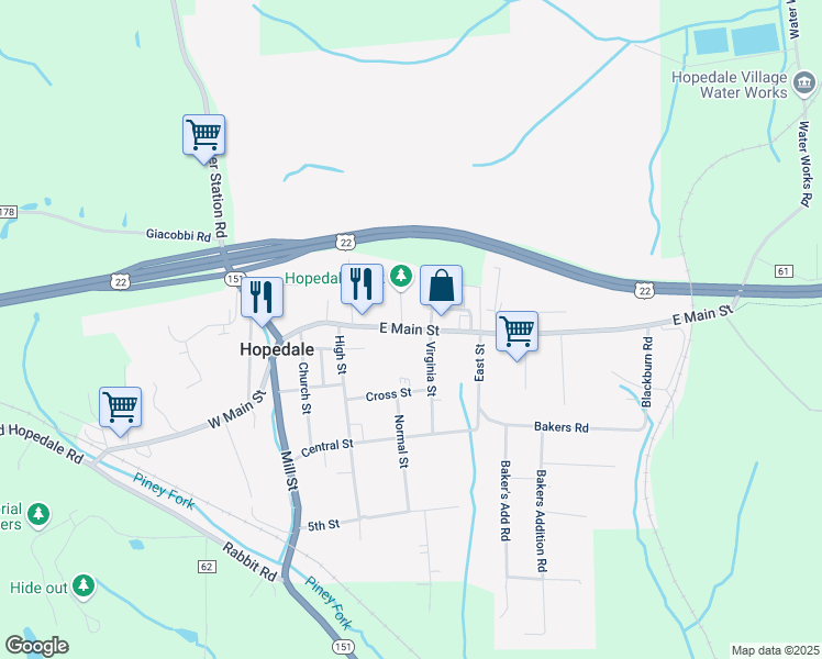 map of restaurants, bars, coffee shops, grocery stores, and more near 177 East Main Street in Hopedale