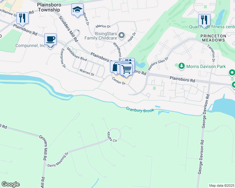 map of restaurants, bars, coffee shops, grocery stores, and more near 666 Plainsboro Road in Princeton Meadows