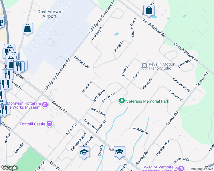 map of restaurants, bars, coffee shops, grocery stores, and more near 747 North Chubb Drive in Doylestown
