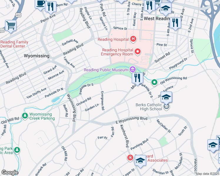 map of restaurants, bars, coffee shops, grocery stores, and more near 1209 Orchard Road in Reading