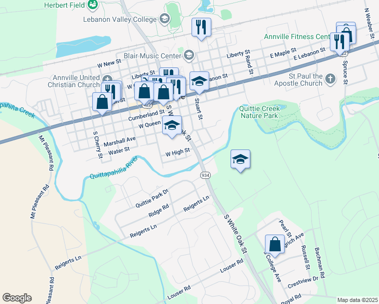 map of restaurants, bars, coffee shops, grocery stores, and more near 301 South White Oak Street in Annville