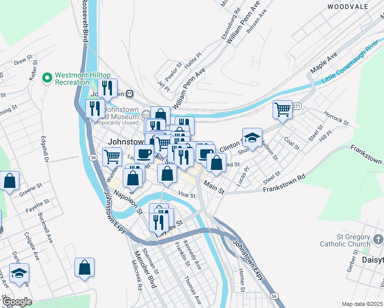 map of restaurants, bars, coffee shops, grocery stores, and more near 104 Franklin Street in Johnstown