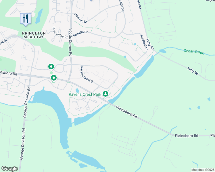 map of restaurants, bars, coffee shops, grocery stores, and more near 4915 Ravens Crest Drive in Princeton Meadows