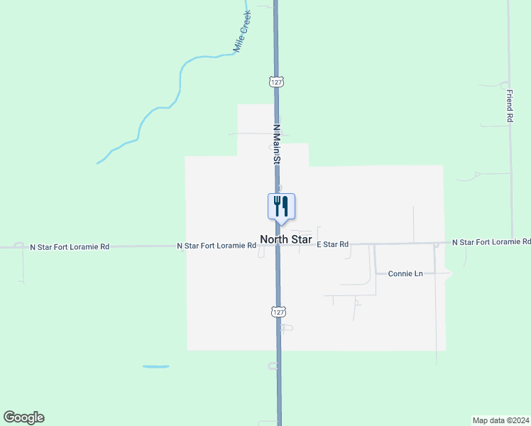map of restaurants, bars, coffee shops, grocery stores, and more near 54 North Main in North Star