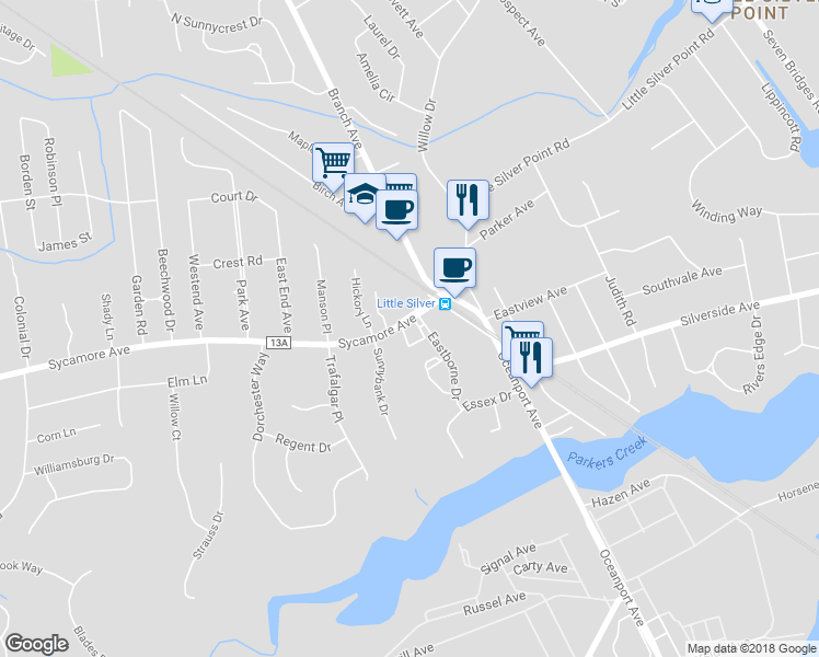 map of restaurants, bars, coffee shops, grocery stores, and more near 34 Sycamore Avenue in Little Silver