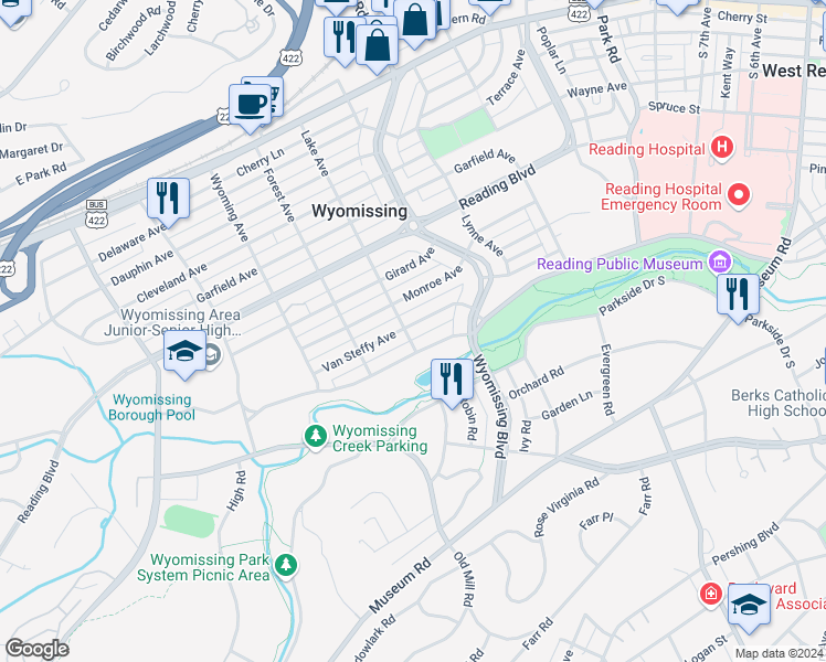 map of restaurants, bars, coffee shops, grocery stores, and more near 1252 Van Steffy Avenue in Wyomissing