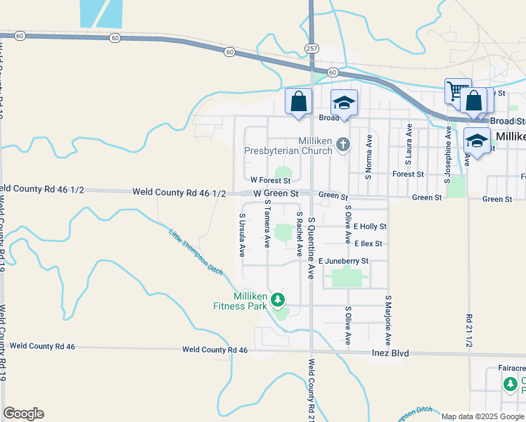 map of restaurants, bars, coffee shops, grocery stores, and more near 288 West Hawthorne Street in Milliken