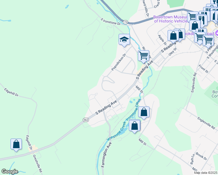 map of restaurants, bars, coffee shops, grocery stores, and more near 127 Village Dr in Boyertown