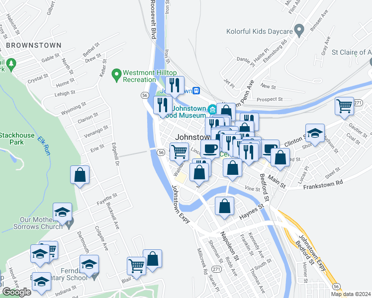 map of restaurants, bars, coffee shops, grocery stores, and more near 232 Walnut Street in Johnstown