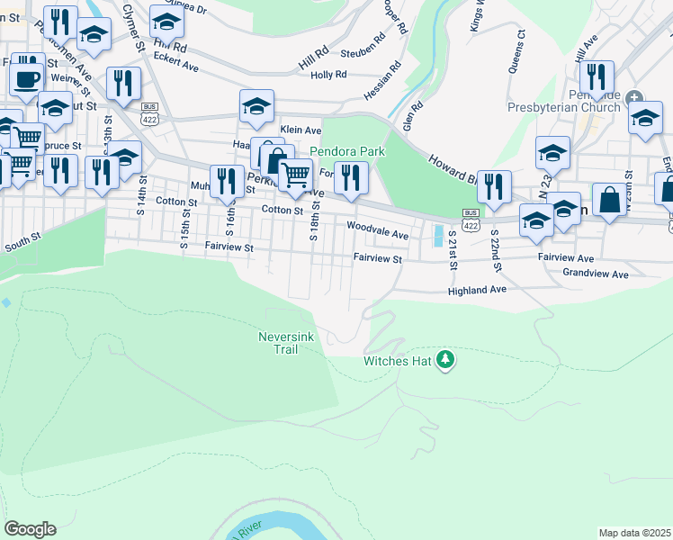map of restaurants, bars, coffee shops, grocery stores, and more near 625 South 18 1/2 Street in Reading
