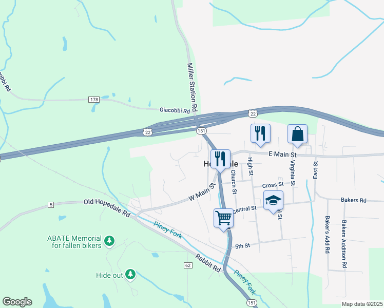 map of restaurants, bars, coffee shops, grocery stores, and more near 351 Lahm Drive in Hopedale