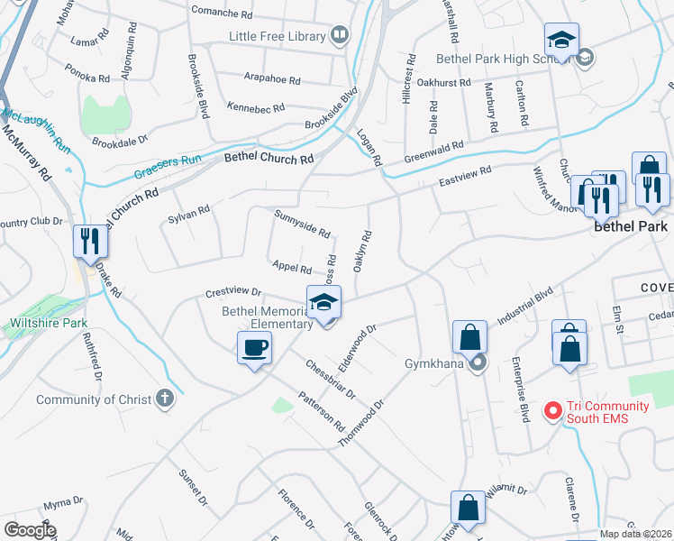 map of restaurants, bars, coffee shops, grocery stores, and more near 259 Voss Rd in Bethel Park