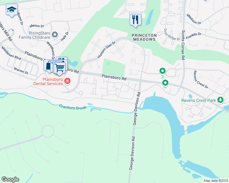 map of restaurants, bars, coffee shops, grocery stores, and more near 80 Thoreau Drive in Plainsboro Township