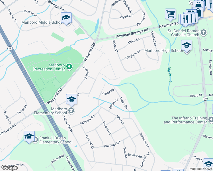 map of restaurants, bars, coffee shops, grocery stores, and more near 66 River Drive in Marlboro